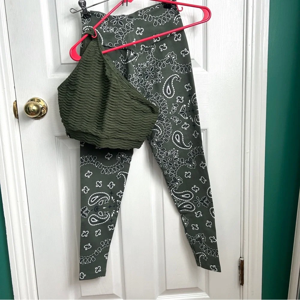 BBB Olive Green 1 Shoulder Top, Bandanna Leggings Set